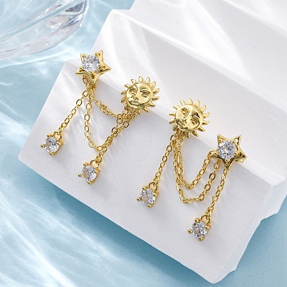 Серьги-гвоздики из латунного микро-паве, долговечный, без свинца и без кадмия, солнце и звезда, цепочка-оберег, слева и справа