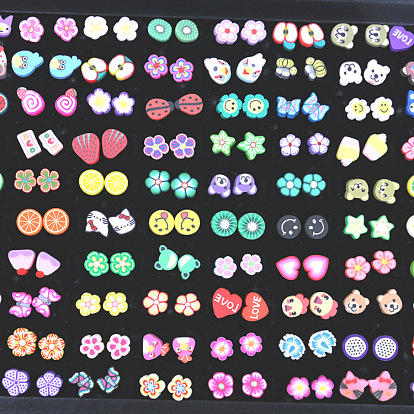 Очаровательные серьги-пусеты с мультяшными героями — 100 пары фруктовых миксов, фигурки животных и цветов из мягкой глины