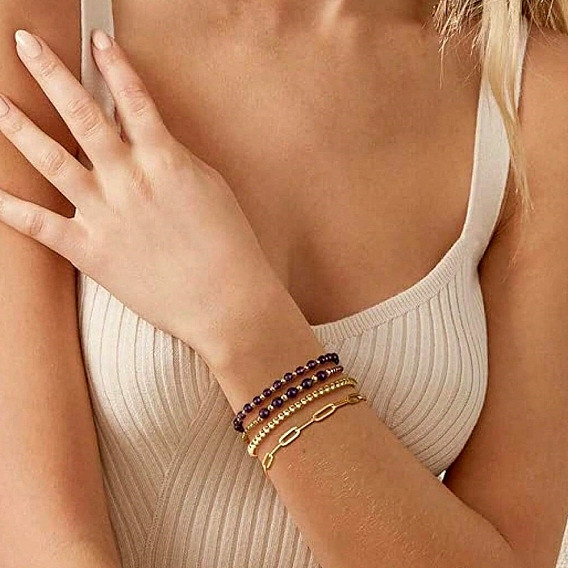 Браслеты из натуральных аметистов и латунных круглых бусин для женщин, золотые