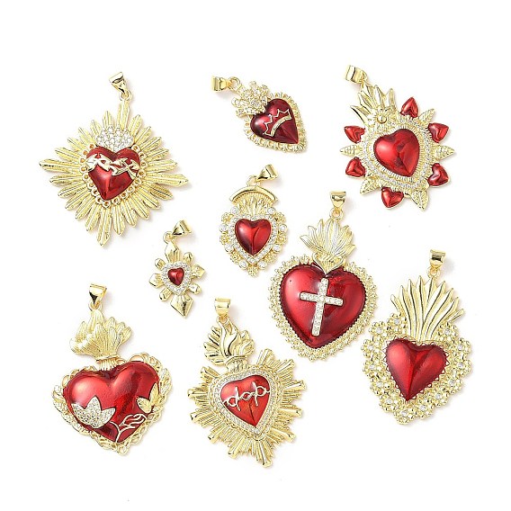 Латунные микро проложить кубического циркония подвески, святое сердце, с эмалью, стойки покрытие, без свинца и без кадмия, долговечный