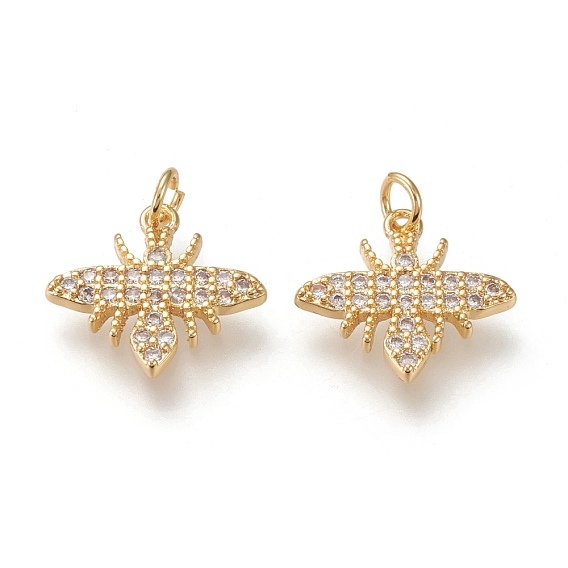 Brass Micro Pave Cubic Zirconia Pendants, with Jump Rings, Long-lasting Plated, Bees, Clear