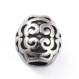 304 Stainless Steel European Beads, Large Hole Beads, Barrel with Floral Pattern