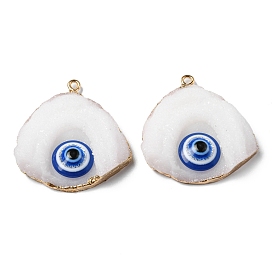 Evil Eye Druzy Resin Pendants, Triangle Charms, with Light Gold Plated Brass & Iron Findings