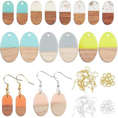 Kits de fabrication de boucles d'oreilles pendantes en bois de noyer, 18 pcs 9 couleurs pendentifs ovales en résine et bois de noyer, crochets et anneaux de saut en laiton