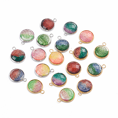 Printed Resin Pendants, with 304 Stainlesss Steel Settings, Half Round, Faceted, Sea Coral Pattern