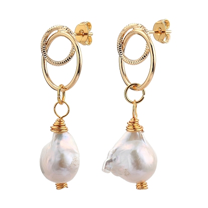 Brass Dangle Stud Earrings, with Ear Nuts, 925 Sterling Silver Pins, Natural Baroque Pearl Keshi Pearl Beads and Cardboard Boxes, Golden