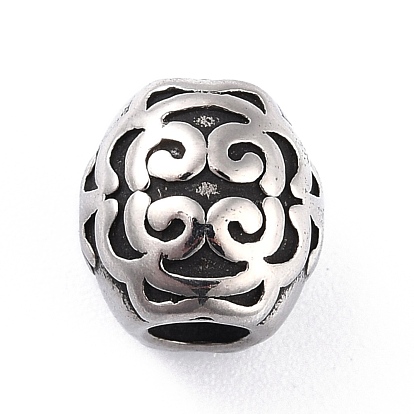 304 Stainless Steel European Beads, Large Hole Beads, Barrel with Floral Pattern