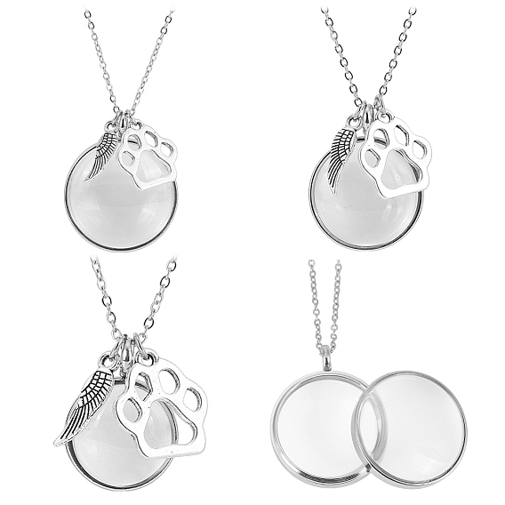 3 шт. 304 ожерелья с подвесками из нержавеющей стали, плоский круг с отпечатком крыла и лапы, с подвесками из сплава и стекла