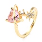 Brass Micro Pave Cubic Zirconia Cuff Rings, Open Rings, Star & Heart & Round, Real 18K Gold Plated