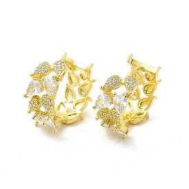 Clear Cubic Zirconia Leafy Branch Hoop Earrings, Brass Jewelry for Women