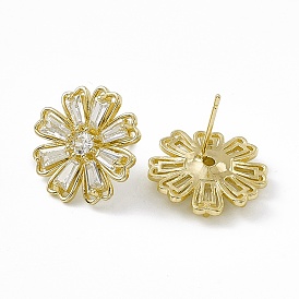 Clear Cubic Zironia Flower Stud Earrings, Rack Plating Brass Jewelry for Women, Lead Free & Cadmium Free