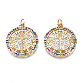 Brass Micro Pave Colorful Cubic Zirconia Pendants, Nickel Free, Flat Round