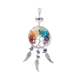 Natural & Synthetic Mixed Gemstone Pendant Decorations, with Brass Linking Rings, Alloy Wing Pendants & Lobster Claw Clasps, Tree of Life
