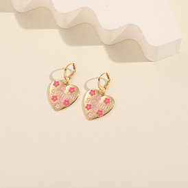 Unique Copper Plated 14K Gold Pink Heart Earrings with Oil Drop Design