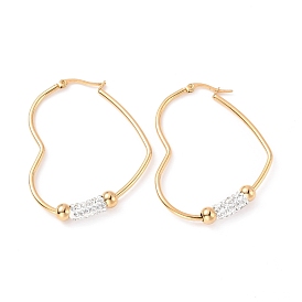 Ion Plating(IP) 201 Stainless Steel Heart Hoop Earrings with 304 Stainless Steel Pin, Polymer Clay Rhinestone Tube Beaded Earrings for Women