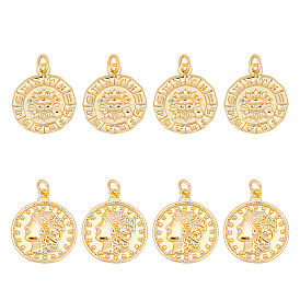8Pcs 2 Style Brass Pendants, with Jump Rings, Long-Lasting Plated, Flat Round with Human & Flower