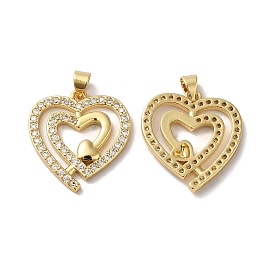 Rack Plating Brass Micro Pave Clear Cubic Zirconia Pendants, Long-Lasting Plated, Lead Free & Cadmium Free, Heart Charm