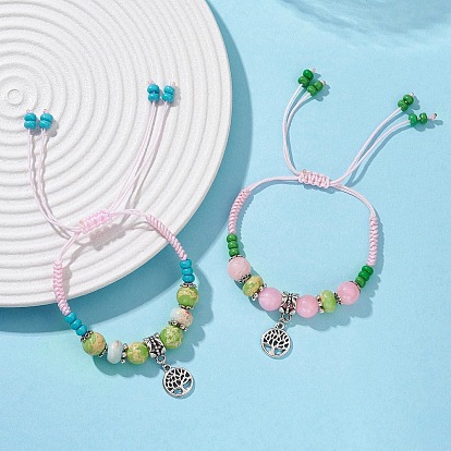 2шт. браслеты из сплава плоские круглые с подвесками в виде дерева жизни, Женские плетеные браслеты из синтетических и натуральных драгоценных камней и стеклянных бусин