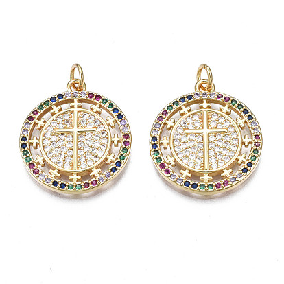Brass Micro Pave Colorful Cubic Zirconia Pendants, Nickel Free, Flat Round