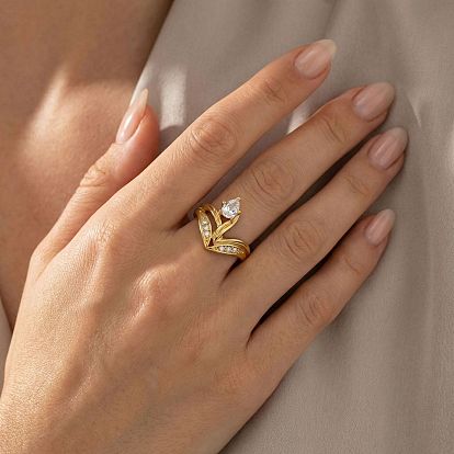 304 Stainless Steel Micro Pave Clear Cubic Zirconia Finger Rings, Flower
