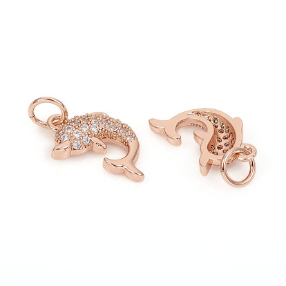 Brass Micro Pave Cubic Zirconia Charms, with Jump Rings, Dolphin, Clear