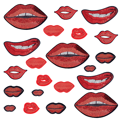 21 Stück 7 Stile computergesteuerte Stickerei Polyester Aufnäher, Paillettenapplikationen, Kostüm-Zubehör, Lippe