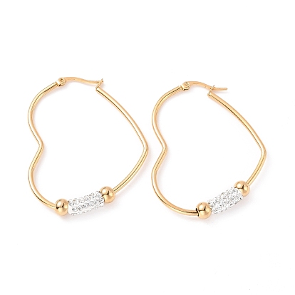 Ion Plating(IP) 201 Stainless Steel Heart Hoop Earrings with 304 Stainless Steel Pin, Polymer Clay Rhinestone Tube Beaded Earrings for Women