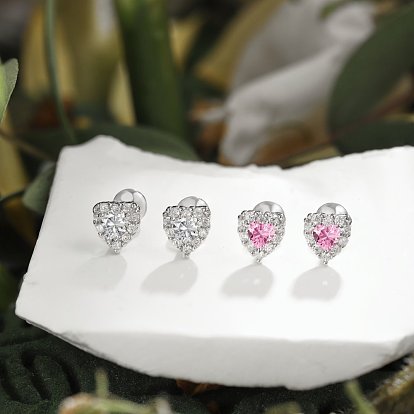 925 Aretes de plata de ley con micro pavé de circonita cúbica en forma de corazón para mujer, Platino verdadero plateado