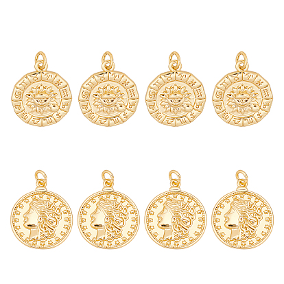 8Pcs 2 Style Brass Pendants, with Jump Rings, Long-Lasting Plated, Flat Round with Human & Flower