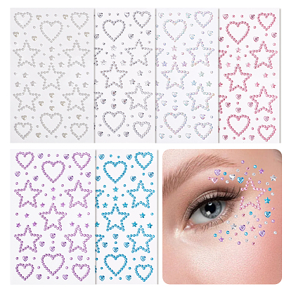 6шт. 6 цветов самоклеящиеся акриловые стразы для лица, Сердце и звезда