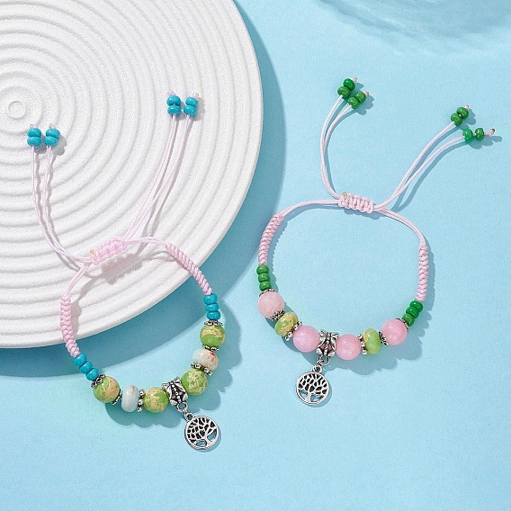 2шт. браслеты из сплава плоские круглые с подвесками в виде дерева жизни, Женские плетеные браслеты из синтетических и натуральных драгоценных камней и стеклянных бусин
