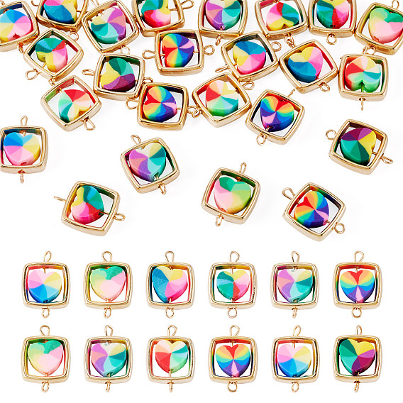 25Pcs Polymer Clay Heart & CCB Square Frame Links Connector Charms, with Brass Double Loops, Golden