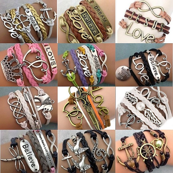 Браслеты из замши и искусственной кожи, вязанные из нескольких нитей, регулируемые браслеты из сплава