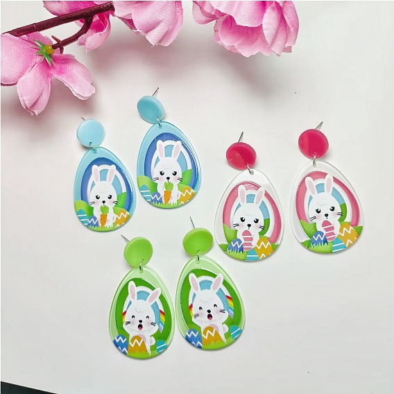 Акриловые болтаться серьги стержня, слеза с кроликом, платина