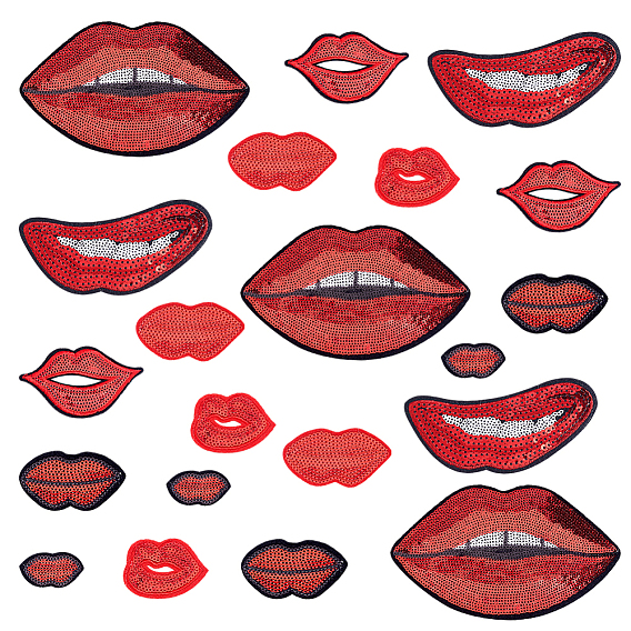 21 Stück 7 Stile computergesteuerte Stickerei Polyester Aufnäher, Paillettenapplikationen, Kostüm-Zubehör, Lippe