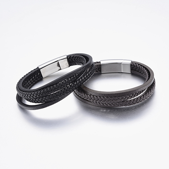 Leather Cord Multi-strand Bracelets, with 304 Stainless Steel Magnetic Clasps