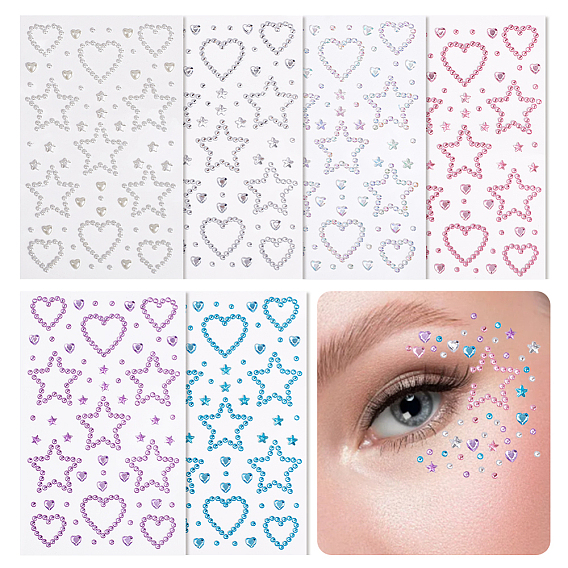 6шт. 6 цветов самоклеящиеся акриловые стразы для лица, Сердце и звезда
