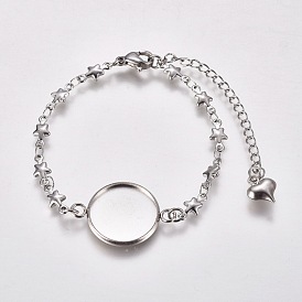 304 Edelstahl Armband machen, mit Karabiner verschlüsse, Sterngliederketten und flache runde Cabochonfassungen