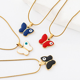 304 Collares con colgante de mariposa y ojo turco de acero inoxidable esmaltado para hombres y mujeres, dorado
