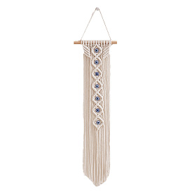 Cotton Cord Macrame Woven Tassel Wall Hanging, with  Resin Evil Eyes, Boho Style Hanging Ornament with Wood Sticks, for Home Decoration