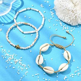 3шт. 3 стили браслетов из натуральных смешанных бусин из ракушек каури, регулируемые по размеру, Эластичные браслеты из натуральных пресноводных ракушек и латунных бусин., браслеты из стеклянного бисера и эластичной нержавеющей стали для женщин