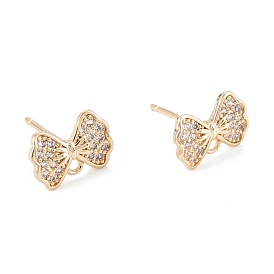 Brass Micro Pave Clear Cubic Zirconia Stud Earring Findings, with 925 Sterling Silver Pin, with Loop, Bowknot