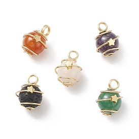 Natural Mixed Stone Copper Wire Wrapped Pendants, Round Charms with Star, Golden