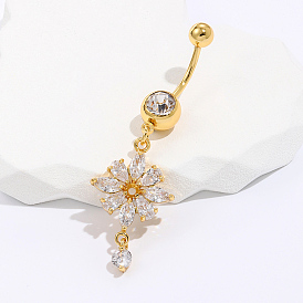 Brass Fashionable Sexy Cubic Zirconia Flower Belly Button Rings, Golden