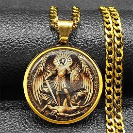 201 ожерелья из нержавеющей стали, стеклянные, плоские, круглые, с подвеской в виде архангела Михаила для женщин