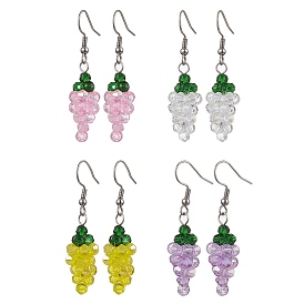 Grape Glass Dangle Earrings, with 316 Surgical Stainless Steel Earring Hooks, Stainless Steel Color