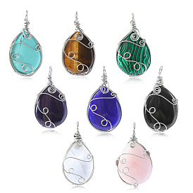Gemstone Big Pendants, Stainless Steel Wire Wrapped Teardrop Charms, Stainless Steel Color