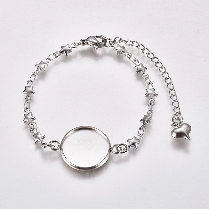 304 Edelstahl Armband machen, mit Karabiner verschlüsse, Sterngliederketten und flache runde Cabochonfassungen
