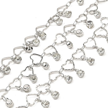 Rack Plating Brass Heart Link Chains, with Clear Glass Charms, Long-Lasting Plated, Soldered, with Spool