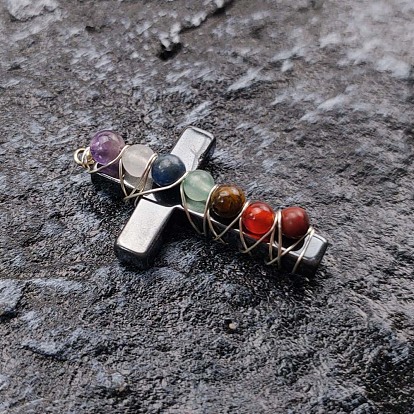 Natural Black Stone Cross Pendants, Chakra Gems Charms